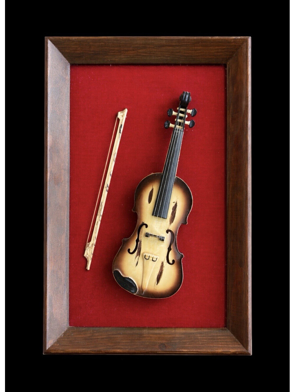 Framed Miniature Violin & Bow Shadow Box Wall Decor, Wood-Finished, Red